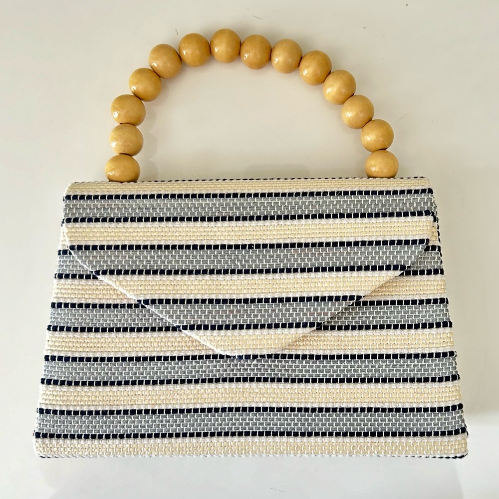 Striped Straw Top-Handle Bag with Wood Bead Handle - Picture 4 of 11